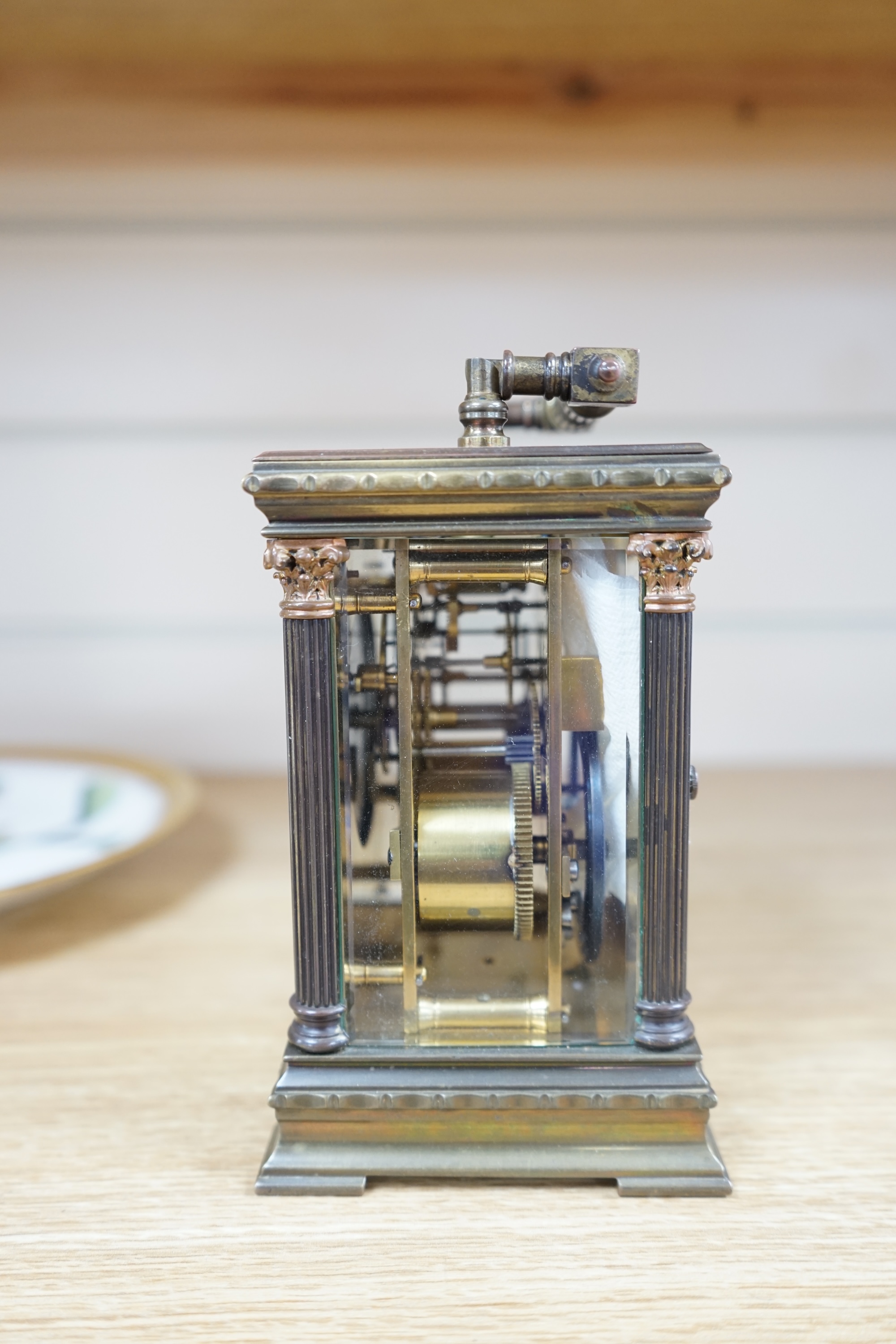 A French carriage timepiece in an architectural case, 18cm high. Condition - fair to good, untested